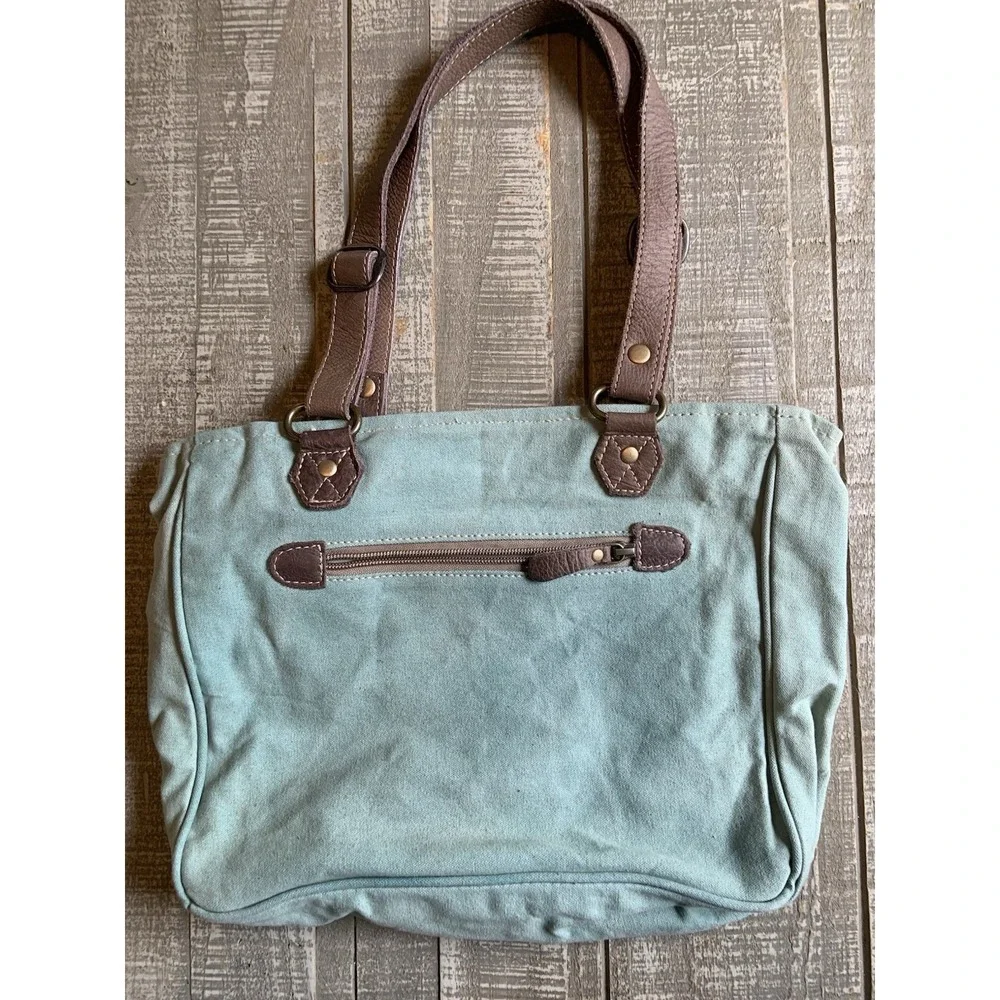 Myra Bag Small Turquoise Canvas Leather‎ Texas EST. 1962 Up-cycled Tote Handbag